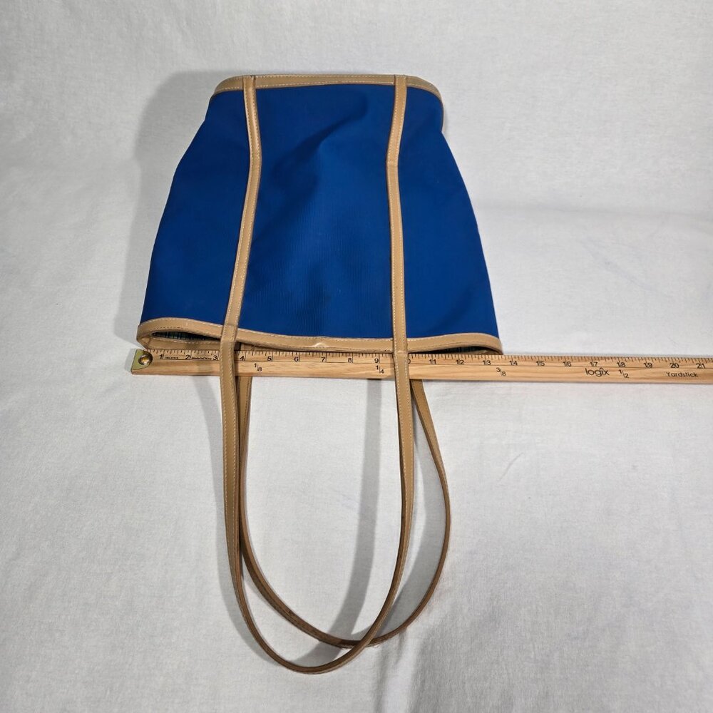 VINTAGE 90s Y2K Whitney Blue Canvas & Tan Trim Open Top Structure Roomy Tote Bag - Picture 15 of 17